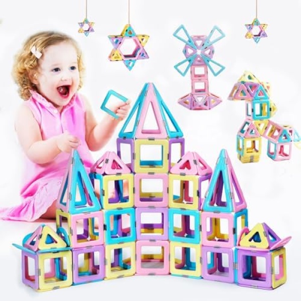 Magnetic Tiles 80pcs Magnet Building Blocks Set Creative Stacking Toys for Kids, 3D DIY Construction Kit Preschool Child Montessori Toys STEM Learning Toys Gifts for Girls Boys 3 4 5 6 7 Years