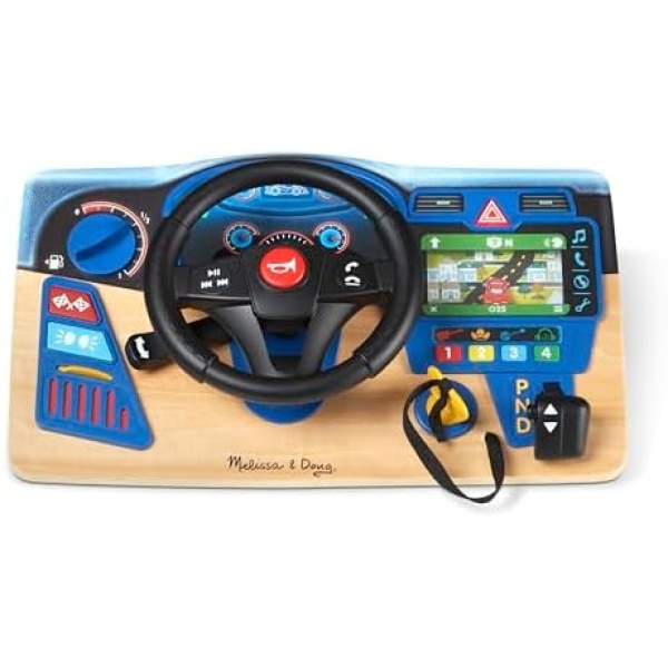 Melissa & Doug Vroom & Zoom Interactive Wooden Dashboard Steering Wheel Pretend Play Driving Toy - Kids Activity Board, Toddler Sensory Toys For Ages 3+