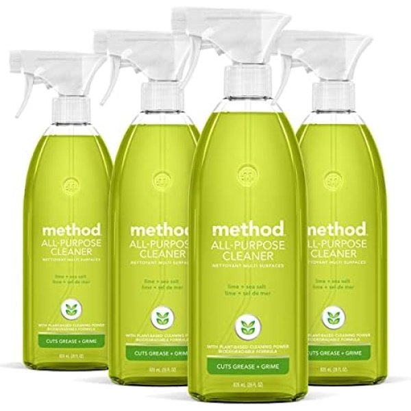 Method All-Purpose Cleaner Spray, Plant-Based and Biodegradable Formula Perfect for Most Counters, Tiles, Stone, and More, Lime + Sea Salt, 828 mL Spray Bottles, 4 Pack, Packaging May Vary