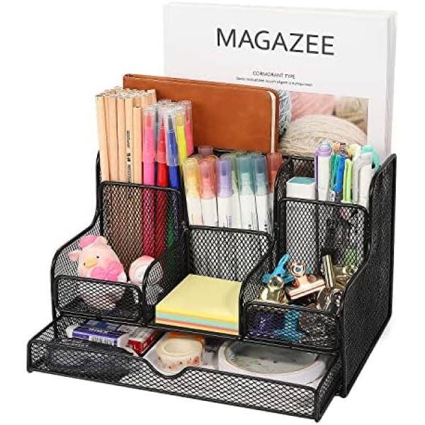 MoKo Desk Organizer,Office Organizers for Desk with 7 Compartments,Desk Organizer with Drawers for Notebook, Pens, Pencils Stationary Accessories Office Supplies, Black