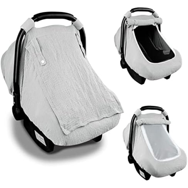 Muslin Car Seat Covers for Babies, Summer Baby Car Seat Cover for Boys Girls with Breathable Window, Lightweight Infant Car Seat Canopy, Gray