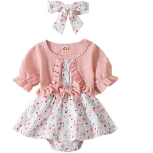 Newborn Baby Girl Romper Dresses Clothes Set Short Sleeve Floral Ruffle Bow Overall Bodysuit Onesie Floral Skirt Hem Outfit