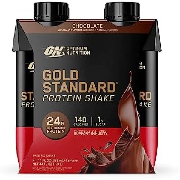 ON Gold Standard Ready To Drink Protein Shake | 24 Grams of Protein Per Serving | 140 Calories Per Serving | 1 Gram Sugar | 355 mL Per Shake (Chocolate, Pack of 4)