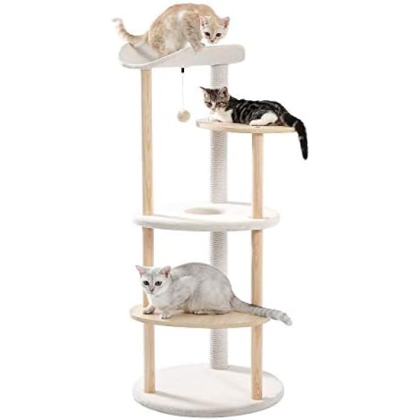 PAWZ Road Cat Tree for Indoor Cats, 5-Levels Cat Tower for Large Cats, Modern Cat Furniture Wood Cat Trees with Scratching Posts, Beige