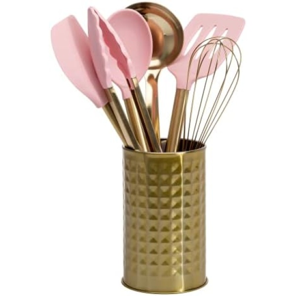 Paris Hilton Kitchen Set Tool Crock with Silicone Cooking Utensils, Stainless Steel Whisk and Ladle, 7-Piece, Pink and Gold