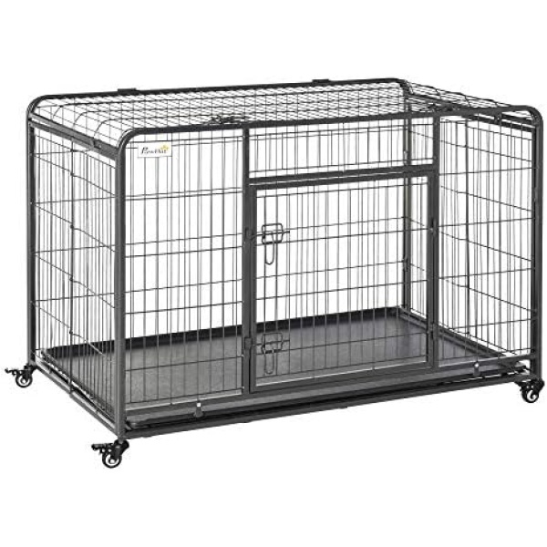 PawHut Folding Heavy Duty Dog Crate Heavy Duty Cage for Extra Large Sized Dogs with Double Doors, Lockable Wheels Tray, 49" x 30" x 32"