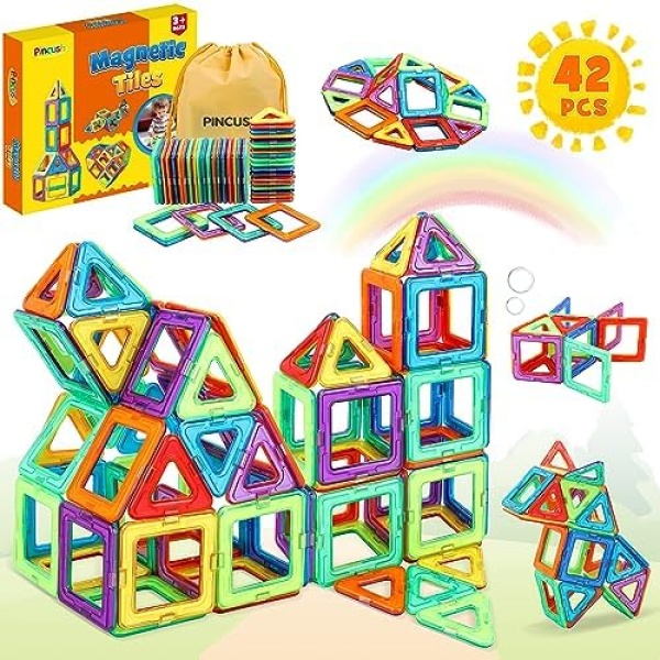 Pincush Magnetic Tiles Toys for 3 4 5 6 7 Years Old Girls Boys,Magnetic Building Blocks Set, Magnetic Tiles Educational Magnet STEM Toys for Toddlers, Building Blocks for Kids Ages 3 4 5 6 7 Gifts