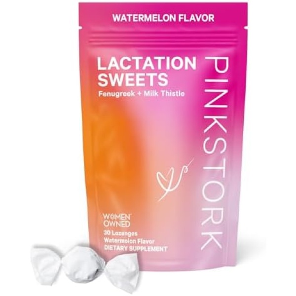 Pink Stork Lactation Sweets: Lactation Support Supplement to Increase Breast Milk Production & Supply, Fenugreek + Milk Thistle for Breastfeeding, Women-Owned, Lactation Snacks, 30 Watermelon Drops