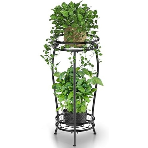 Plant Stand Indoor Outdoor Metal 2 Tier 26.7 Inch Tall Plant Shelf for Multiple Plants Corner Flower Pot Planter Holder Tiered Small Iron Shelves Rustproof Modern Display Rack for Patio Garden, Black