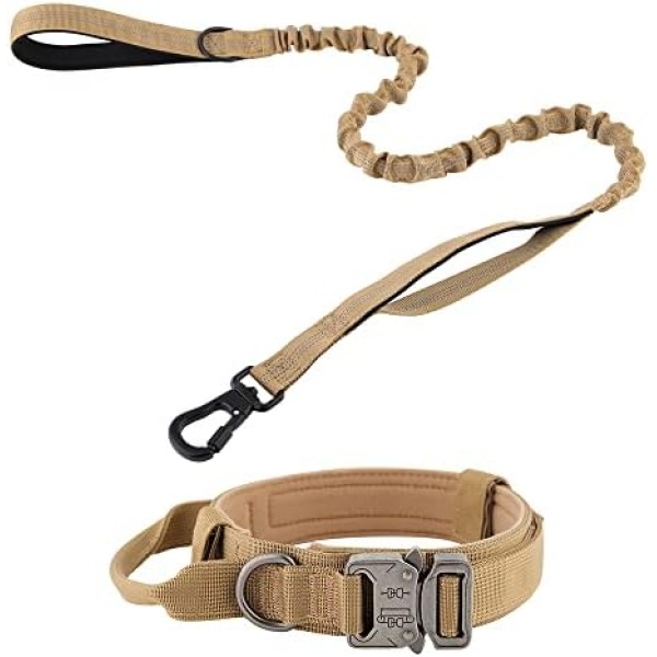 Plutus Pet Tactical Dog Collar, Soft Padded, Adjustable with Heavy Duty Metal Buckle, Military Dog Collar with Control Handle for Medium Large and Extra Large Dogs (M, Brown Set)