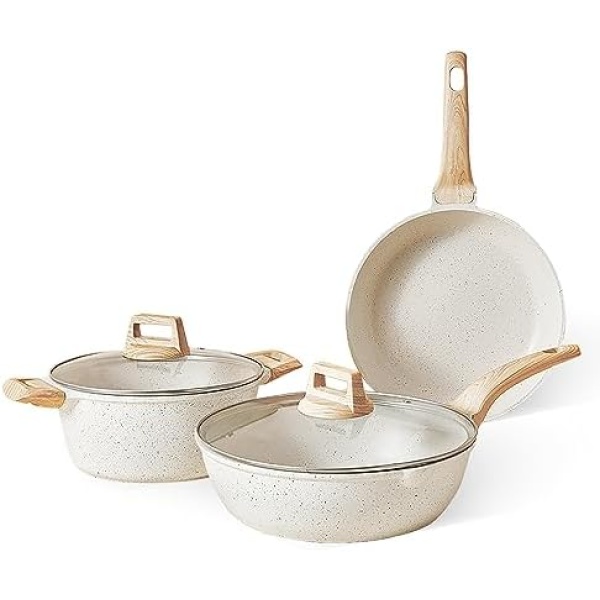 Pots and Pans Set Nonstick,3 Pcs Maifan Stone Cookware Set with 9.4in Soup Pot+10.2in Frying Pan+11.8in Cooking Pots,Cookware Pot and Pan Set with Glass Lid Suitable for Home Kitchen(White)