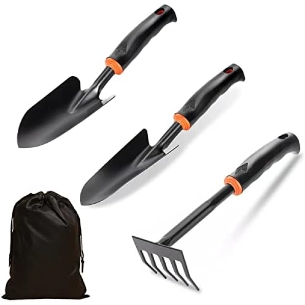 Qiccijoo Garden Tools Set,3 Piece Heavy Duty Gardening Tools Cast Aluminum with Soft Rubberized Non-Slip Handle,Gardening Hand Tool Kit Includes Hand Trowel, Hand Rake,Small Shovels and Storage Bag