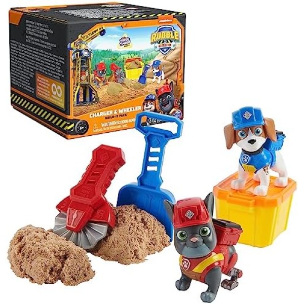 Rubble & Crew, Charger and Wheeler Action Figures Set, with 3 oz of Kinetic Build-It Sand and 2 Hand Held Building Toys, Kids Toys for Ages 3 and up