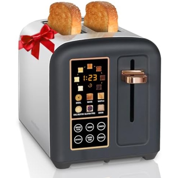 SEEDEEM Toaster 2 Slice, Stainless Steel Bread Toaster with LCD Display and Touch Buttons, 50% Faster Heating Speed, 6 Bread Selection, 7 Shade Settings, 1.5''Wide Slots Toaster with Cancel/Defrost/Reheat Functions, Removable Crumb Tray, 1350W, Dark Chocolate