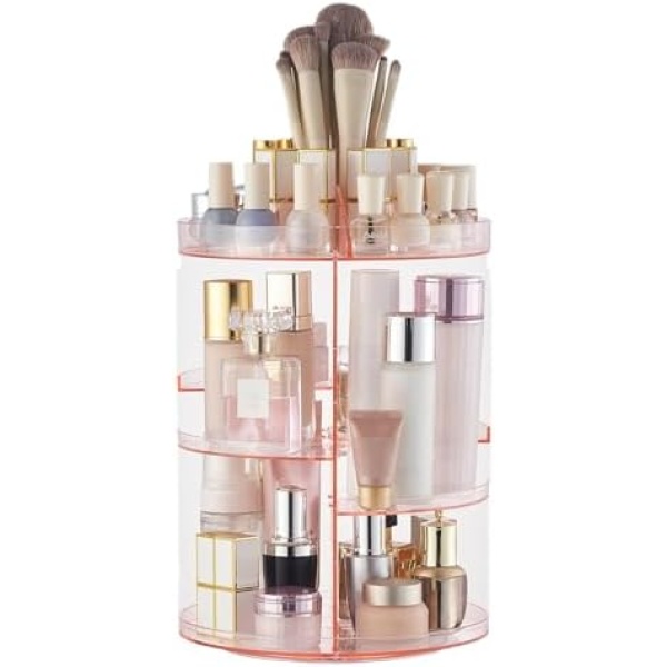 SUNFICON Rotating Makeup Holder Organizer Crystal Pink 360 Rotation Cosmetic Storage Stand Acrylic Makeup Turntable Spin Display Stand Bathroom Vanity Dressing Table Gift Girl Ladt Women