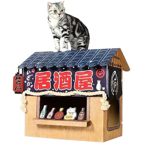 Smile Paws Large Sturdy Cardboard Cat House with Scratcher, Cat Condo, Bed, Toys, Cat Izakaya Bar for Outdoor/Indoor Cats, Cat Play House & Home Décor, Easy to Assemble for Cats Bunny Small Animals