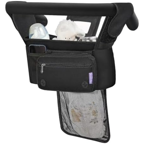 Stroller Organizer with Cup Holders - RUVALINO® Stroller Caddy with Detachable Bag, Tissue Pocket, Non-Slip Strap Accessories for Uppababy, Umbrella, Wagon, Baby Jogger, Bob, and Pet Stroller