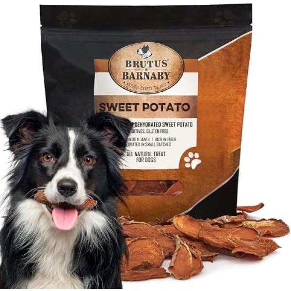 Sweet Potato Dog Treats- Dehydrated North American All Natural Thick Cut Sweet Potato Slices, Grain Free, No Preservatives Added, Best High Anti-Oxidant Healthy Dog Chew by Brutus & Barnaby (8 oz)