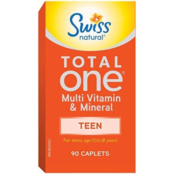 Swiss Natural Total One Teen Multi Vitamin & Mineral | Calcium, Biotin & Vitamin B12 | Daily Maintenance for Overall Health | No Preservatives and Dairy | 90 Caplets