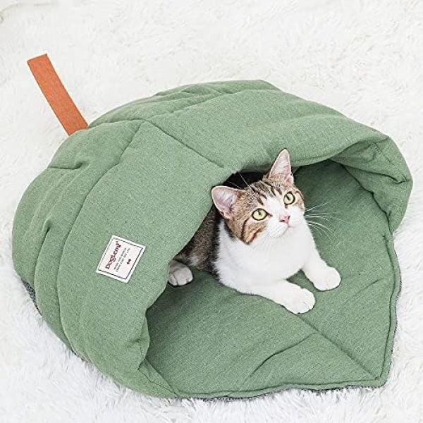 TANGN Cat Sleeping Bag,Linen Fabric Cat Bed Cave Leaf Nest Pet Cuddle Zone Covered Hide Hood Burrowing Cozy Soft Durable Washable with Non-Slip Bottom for Indoor Puppy and Kitten (Green),PD50082