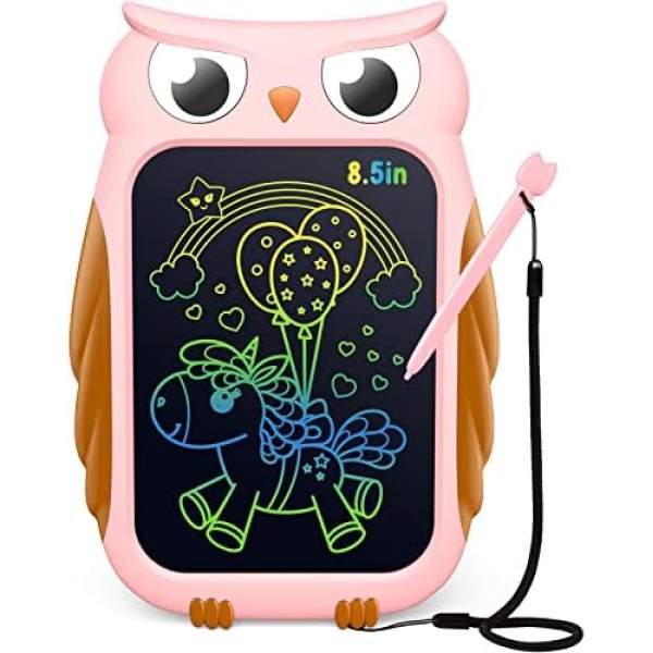 TECJOE Owl LCD Drawing Tablet, 8.5 Inch Colorful Toddler Doodle Board Drawing Tablet, Erasable and Reusable Electronic Drawing Pads, Educational and Learning Toy for 3-6 Years Old Boys, Christmas Gift(Pink)