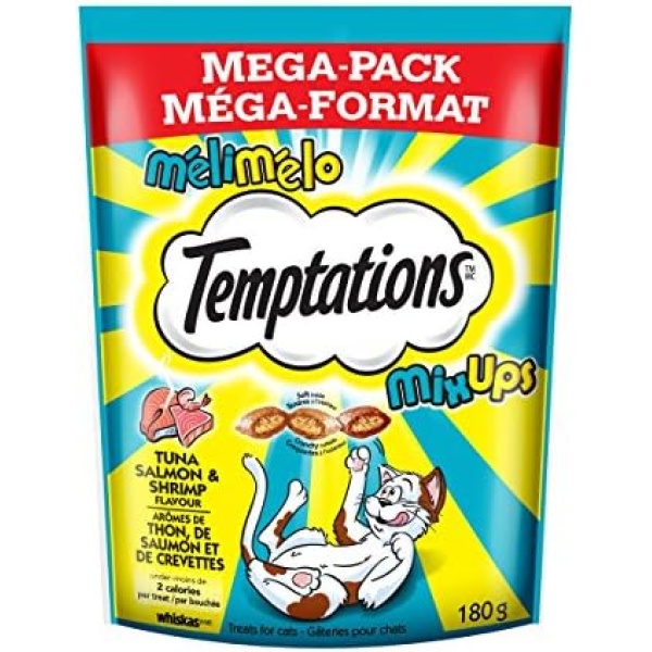 TEMPTATIONS Mix-Ups Adult Cat Treats, Tuna, Shrimp, Salmon, 180g Pouch (10 Pack)