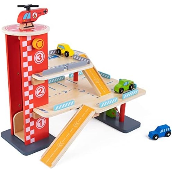 TOOKYLAND Wooden Parking Garage Playset - 22pcs - Toy Structure with Helipad, Cars and Helicopter, Ages 3+