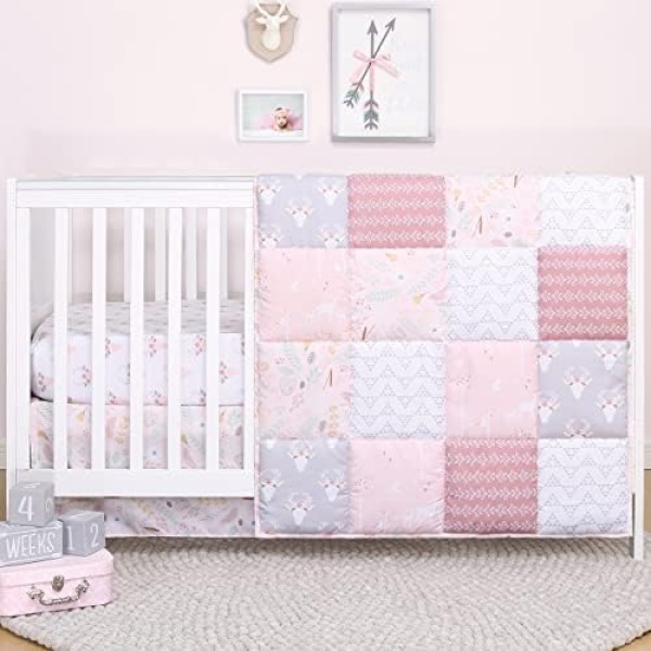 The Peanutshell Pink Floral Crib Bedding Set for Baby Girls - Quilt, Fitted Sheet, Dust Ruffle Included