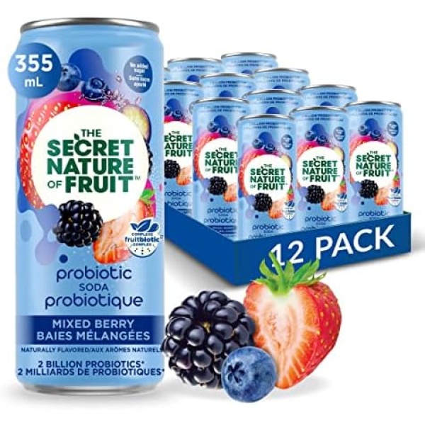 The Secret Nature of Fruit Probiotic Fruit Soda, Supports Gut Health & Immunity, 2 Billion Probiotics, Zero Added Sugar, 15% Fruit Juice, Vitamin C, Mixed Berry - 355ml (Pack of 12)