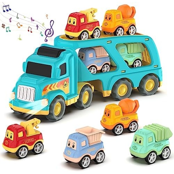 Toddler Car Toy for 3 4 5 Years Old, Dinosaur Transport Carrier Truck with 4 Pack Small Pull Back Dino Car, Friction Power Vehicle Christmas Birthday Gift for Kids Boys Girls