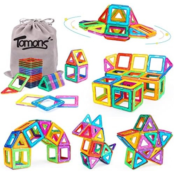 Tomons Magnetic Building Blocks Magnetic Tiles for Kids, Magnetic Blocks Stacking Blocks with Storage Bag - 56 PCS