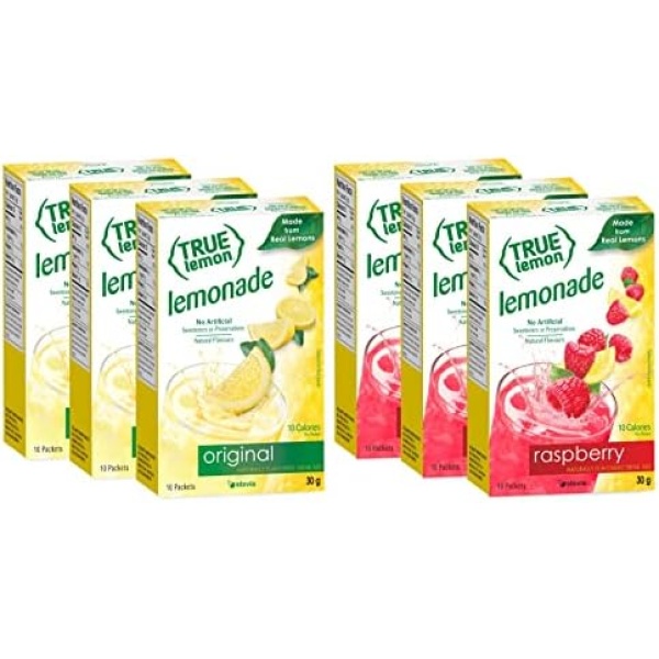 True Lemon Lemonade Favourites, 3 x 10ct ORIGINAL LEMONADE and 3 x 10ct RASPBERRY LEMONADE Naturally Flavoured Drink Mix 10 Calories Per Packet