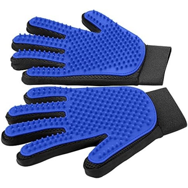 Upgrade Version Pet Grooming Glove - Gentle Deshedding Brush Glove - Efficient Pet Hair Remover Mitt - Enhanced Five Finger Design - Perfect for Dog & Cat with Long & Short Fur - 1 Pair (Blue)