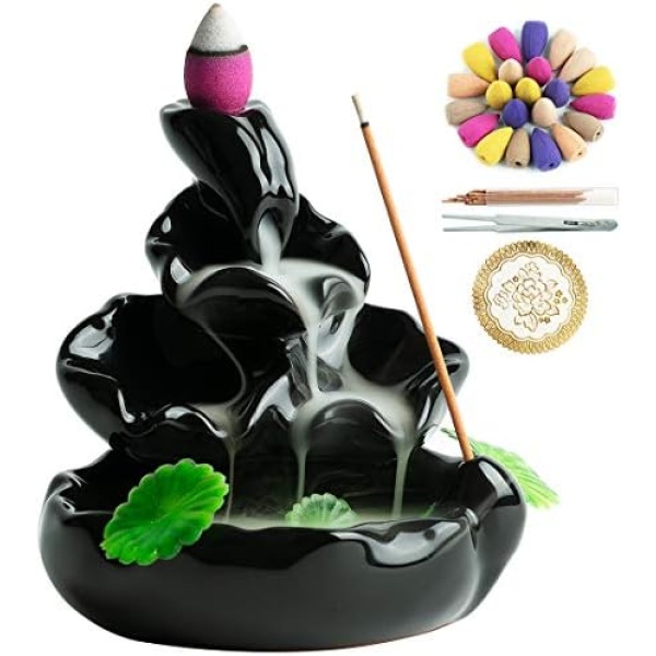 VVMONE Ceramic Incense Holder with 48 Incense Cones + 30 Incense Stick, Waterfall Backflow Incense Burner, Aromatherapy Ornament, Zen Decor, Home Decor, Room Decor