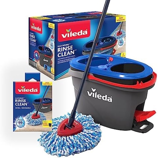 Vileda EasyWring RinseClean Spin Mop & Bucket System with 1 Extra Refill | 2-Tanks Separate Clean and Dirty Water | Machine Washable and Reusable Microfiber Mop Head | Hands-Free Wringing Mop Bucket