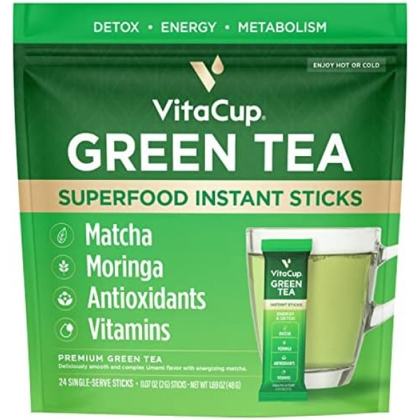 VitaCup Green Tea Instant Packets, Enhance Energy & Detox with Matcha, Moringa, B Vitamins, Fiber, Keto, Paleo, Vegan in Tea Powder Single Serving Sticks, 24 Ct