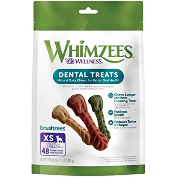 WHIMZEES Natural Grain Free Daily Dental Long Lasting Dog Treats, Brushzees, Extra Small, Bag of 48