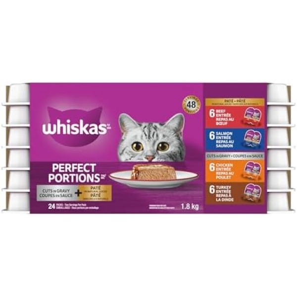 WHISKAS Perfect Portions Adult Wet Cat Food Paté and Cuts in Gravy - Chicken - Turkey - Beef - Salmon - 75g (24 Pack)