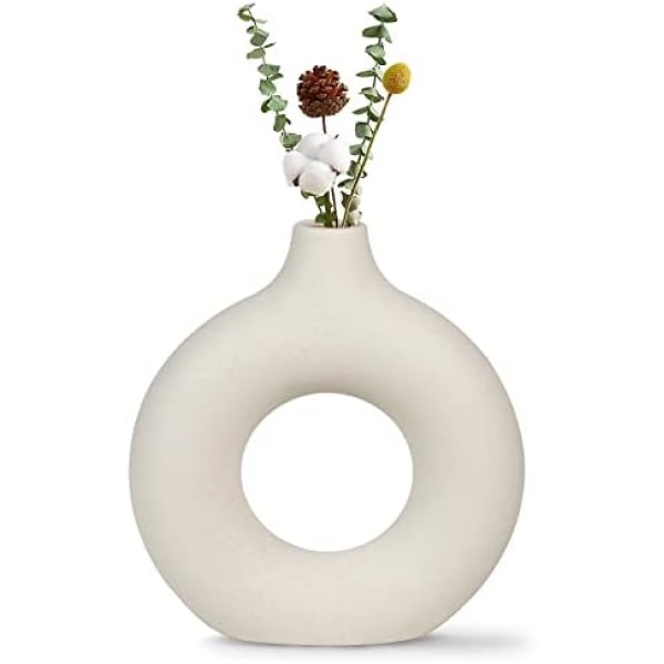 White Ceramic Vase for Minimalist Decor, Hollow Round Matte Pampas Flower Vases for Boho Home Wedding Party Room Dinner Table Shelf Decor