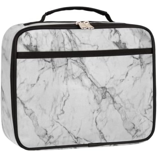 White Marble Print Lunch Bag for Women Men Boy Girl Insulated Lunch Tote Bag Thermal Lunch Meal Kit for School Office Work