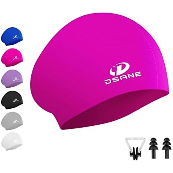 Womens Silicone Swim Cap for Long Hair,3D Ergonomic Design Silicone Swimming Caps for Women Kids Men Adults Boys Girls with Ear Plug and Nose Clip