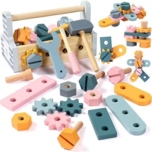 Wooden Construction Montessori Toys for 2 3 4 Year Old, Kids Tool Set Toddler Work Bench Building Educational Toys Pretend Play Christmas Birthday Gifts for 2 3 4 5 Year Old Boys Girls