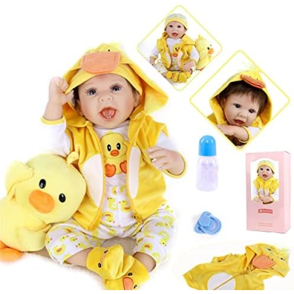 ZIYIUI Lifelike Reborn Baby Dolls 22 Inch 55cm Soft Silicone Newborn Reborn Doll with Yellow Clothes and Duck Toy Accessories Birthday Set for Girls