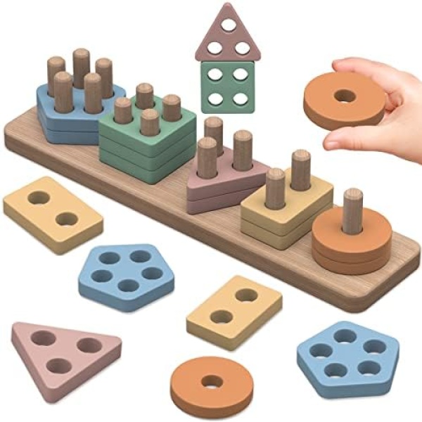 pigipigi Montessori Toys for 1 2 3 4 Years Old - Wooden Sorting Stacking Toddler Toy Baby Boy Girl Color Shape Block Stacker, Kids Preschool Educational Learning Activity Game Birthday Gifts