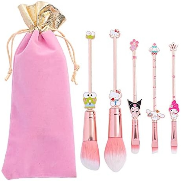 rongji jewelry Marie Cartoon Cat Makeup Brushes - 5pcs Cute Animal Designed Soft Pink Makeup Brushes Set, Professional Cosmetic Tool Kit Pink Drawstring Bag Included for Girls and Women (A)