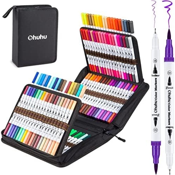 100 Colors Dual Brush Markers for Adult Coloring, Ohuhu Brush Fineliner Color Pens for Kids, Brush Marker for Calligraphy Drawing Sketching Coloring Book Bullet Journal, New Year Pen Gift for Kids