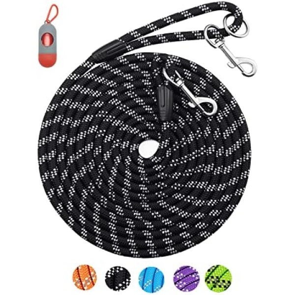 100FT Black Long Leashes for Dog Training, Reflective Threads Check Cord Recall Training Agility Dog Lead for Large Medium Small Dogs, Dog Tie-Out Cable Great for Playing, Camping, or Backyard