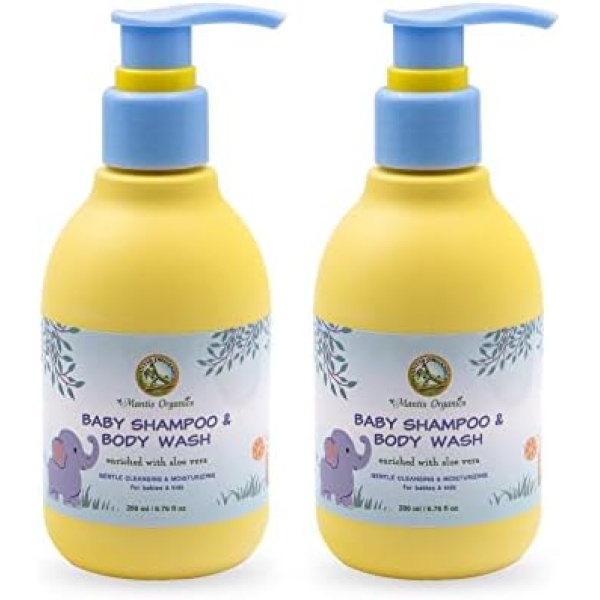 2 Pack Organic Baby Shampoo & Body Wash 2-in-1 by Mantis Organics – USDA Certified Organic everyday Hair & Body Care for Babies & Children, Perfect for Sensitive & Dry Skin enhanced with organic Aloe Vera & Jojoba Oil, Gently Cleanse, Nourish & Moisturizes without stripping skin`s natural moisture, Made in Canada with Organic Food Grade Ingredients, Safe, Non-Toxic, Non GMO, Cruelty Free & No Preservatives – Yummy Orange, 2 Pack each 200 ml/6.76 fl oz