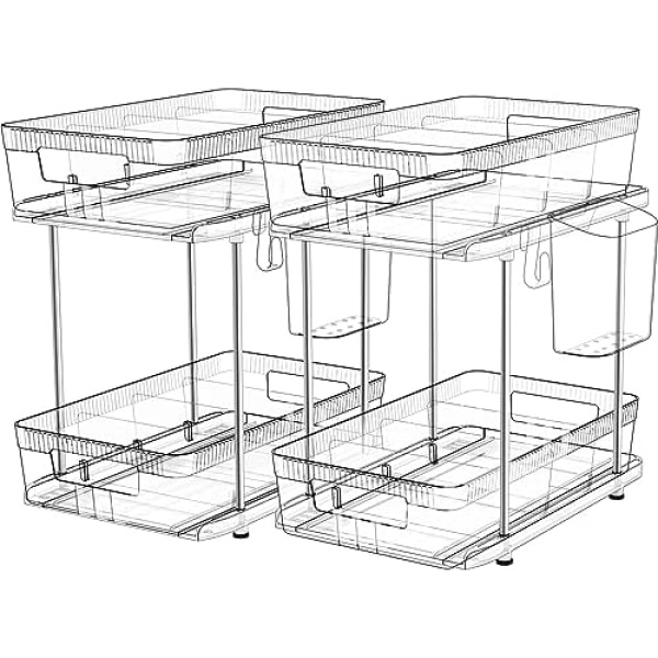 2 Tier Clear Pull Out Organizers and Storage - Snack Organization for Pantry W Dividers, Slide-Out Under Sink Organizer for Bathroom,Kitchen, Cabinet and Counter, Acrylic Drawers Medicine Bins