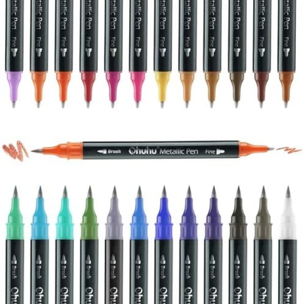 24 Brush Metallic Markers, Ohuhu Dual Tip Glitter Pen, Acrylic Paint Pens with Brush and Fine Tips, Premium Window Marker for DIY Cards, Coloring Books, Scrapbook, Paint Rock Art, DIY Craft